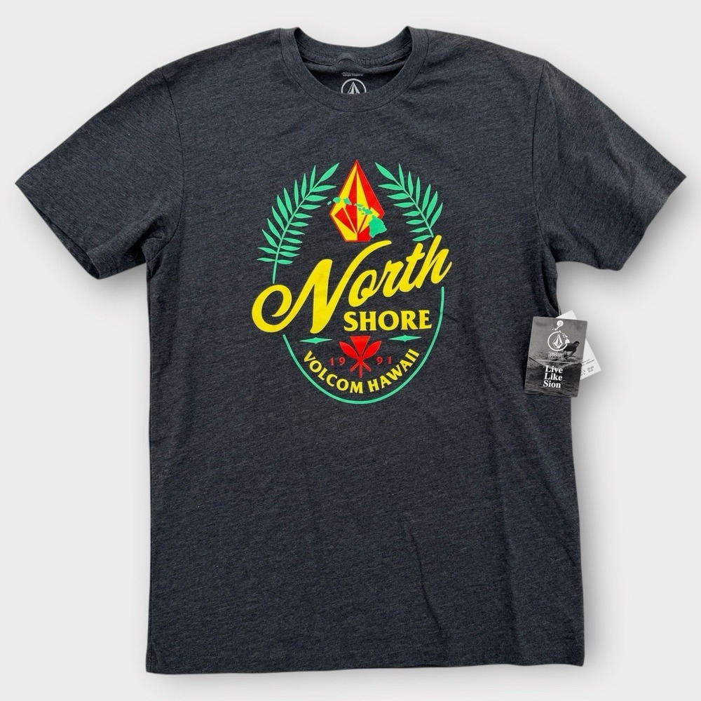 Volcom North Shore T-Shirt Mens Small Modern Fit Gray Hawaii Graphic Surf NWT